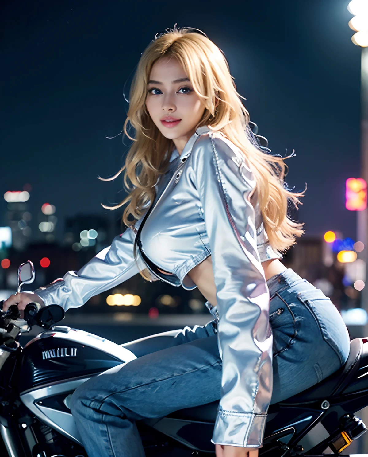 1girl in, (Blue eyes), sexy smiling, ((In the name of Minaj)), wide hips, Big breasts, Big butt, (Best Quality, 8K, masutepiece: 1.3)), Clear focus: 1.2, Perfect Body Beauty: 1.4 , Slim abs: 1.2, Wet body: 1.5, Highly detailed face and skin texture, Detailed eyes, Double eyelids, Long Blonde Hair, (White long sleeve shirt and black motorcycle jacket), (Jeans pants), (Riding a motorcycle :1.4), In the snowy city at night