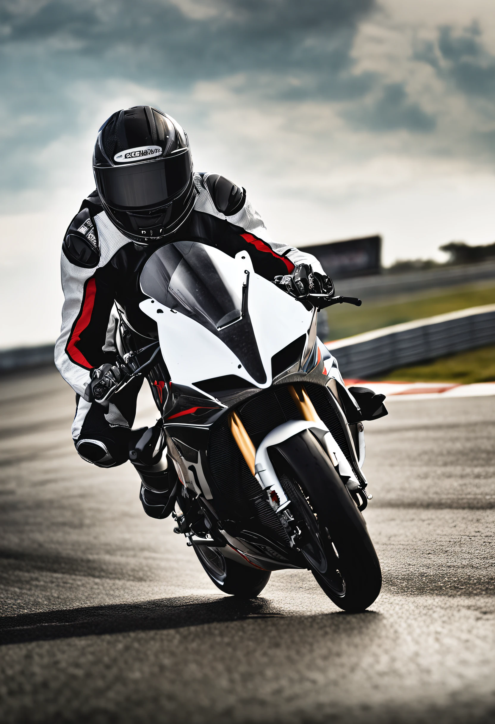 The highest image quality、Exceptional detail、超A high resolution、(Realstic:1.4)、high-detail、Favor the details、Highly condensed 1girl、Longhaire、delicate and beautiful face、Dressed in a white leather racing suit、Racing on a black motorcycle、The background is a race track、circuit、racer、Cool smile