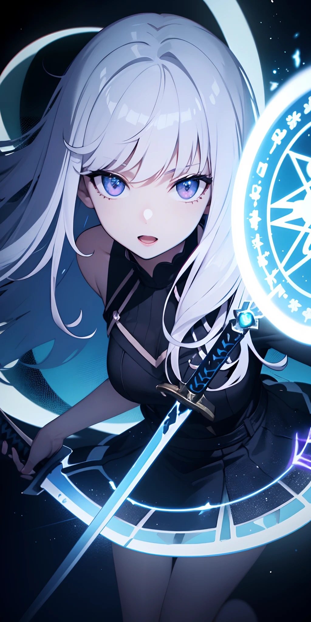 masterpiece, best quality, (extremely detailed CG unity 8k wallpaper, masterpiece, best quality, ultra-detailed, best shadow), (detailed background), (beautiful detailed face, beautiful detailed eyes), High contrast, (best illumination, an extremely delicate and beautiful),1girl,((colourful paint splashes on transparent background, dulux,)), ((caustic)), dynamic angle,beautiful detailed glow,full body, cowboy shot, colorful, 1girl, white hair, purple eyes, dual wielding, sword, holding sword, blue flames, glow, glowing weapon, light particles, wallpaper, chromatic aberration, (detailed background,dark fantasy), (beautiful detailed face), high contrast, (best illumination, an extremely delicate and beautiful), ((cinematic light)), colorful, hyper detail, dramatic light, intricate details, depth of field,black light particles,(broken glass),magic circle,