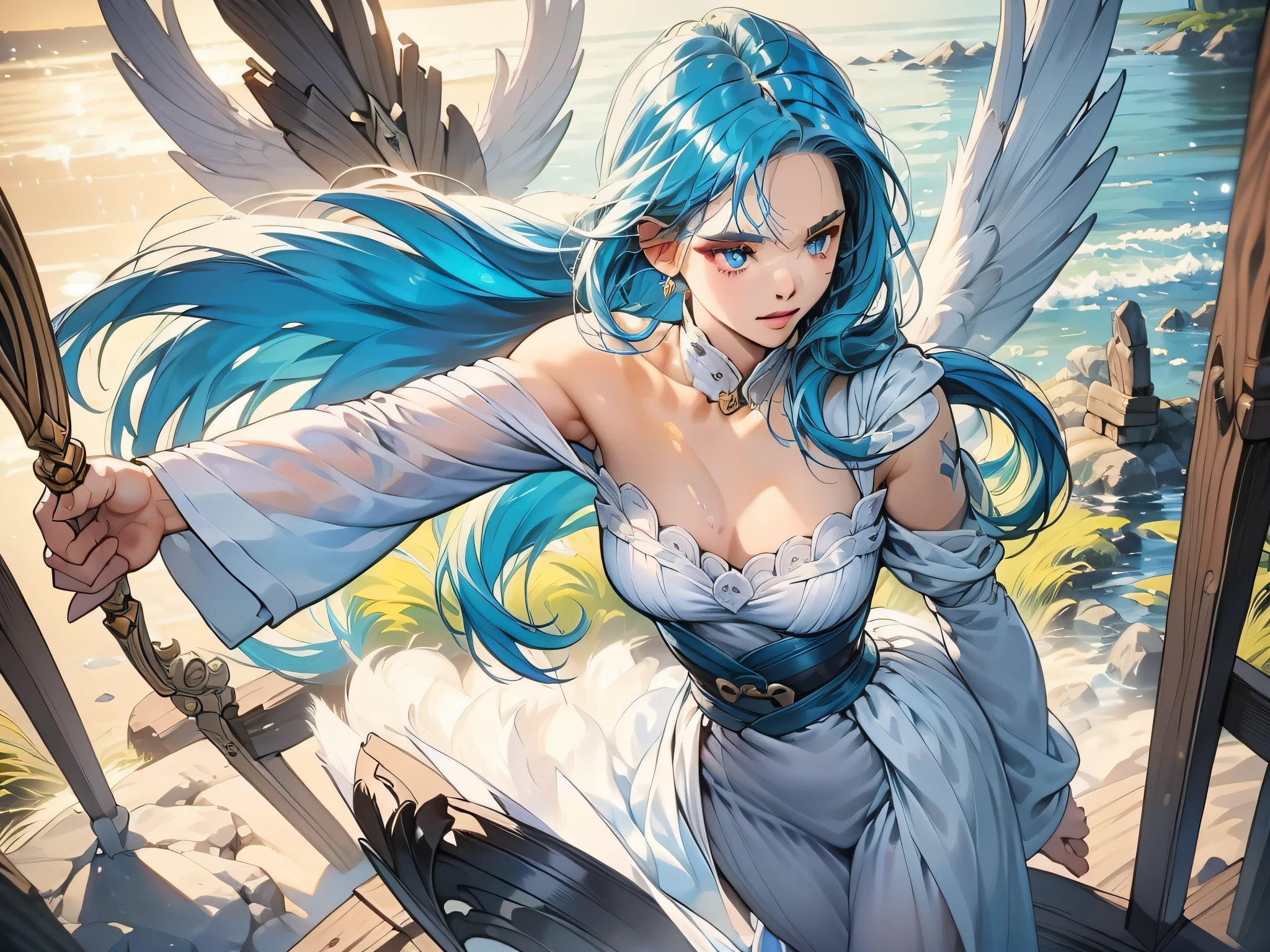 Ultra-high definition, close-up (1 woman), Light blue hair, 2D animation style, Soft and delicate depiction, tattoos all over body (Full Body Art), Beautiful blue-haired angel, Royal Guard Armor, futuristic design, Standing, Wet and shiny