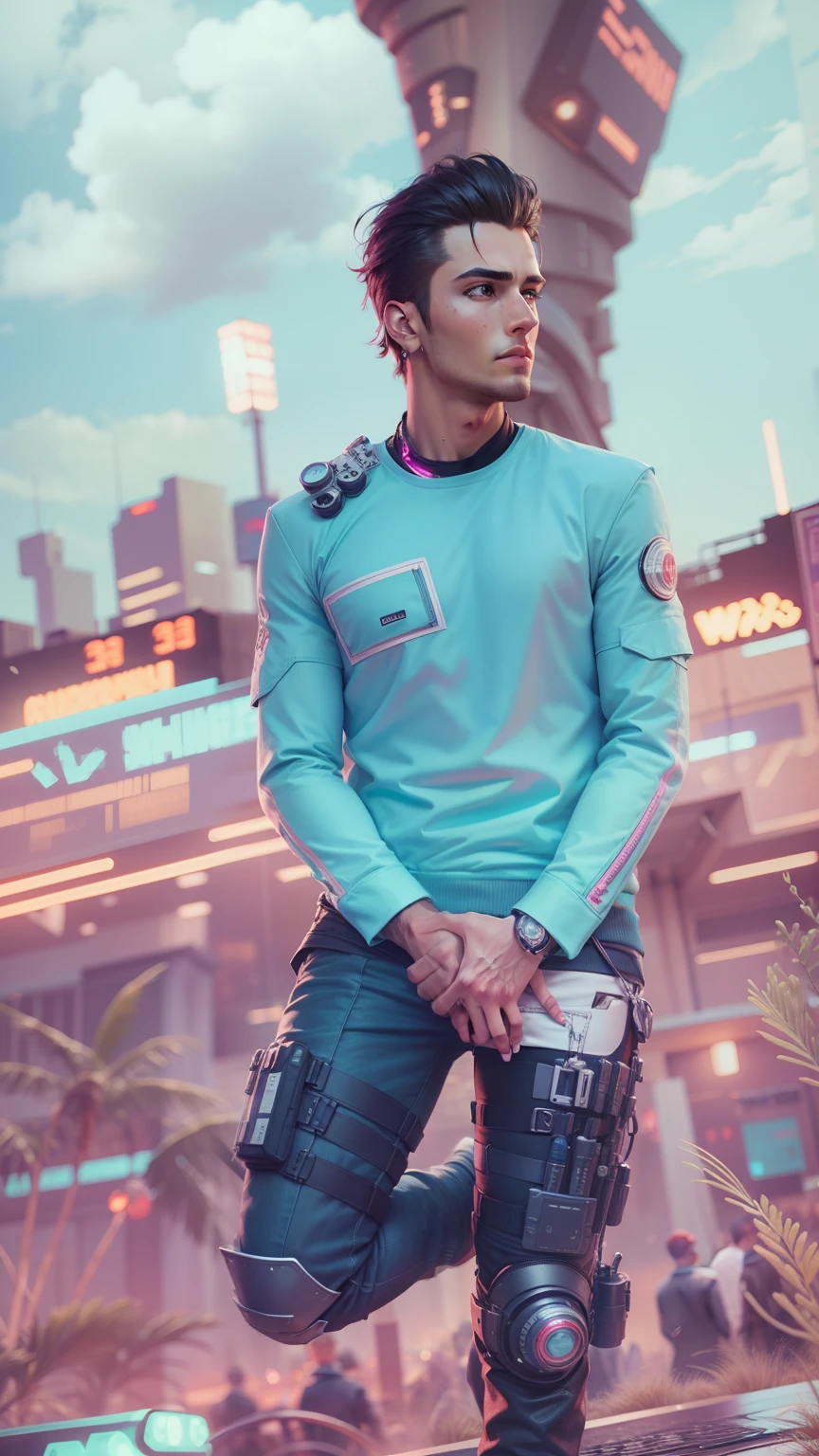 Change background cyberpunk handsome boy, realistic face, 8k, ultrarealistic,professional coat