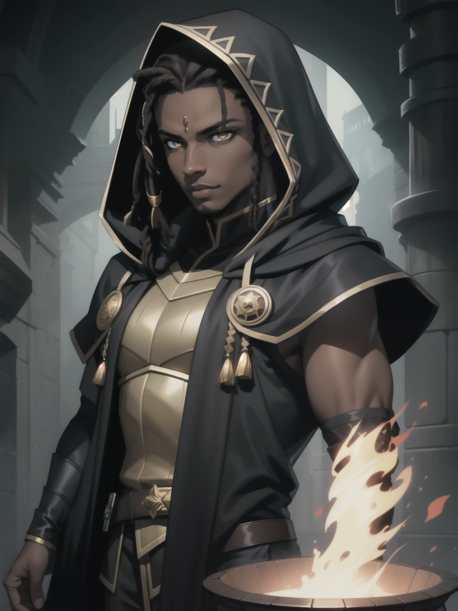 Portrait, Masterpiece, Excellent, 1boy, solo, complex details, color diffusion, demonic prince, dark skin, ebony, brown skin, dark-skinned male, dark hair, black hair, dreadlocks, golden eyes, epic attire, assassin mage attire, hooded, cloak, cloaked, badass, trending, demon, anti-hero, young, Sci-Fi, Fantasy