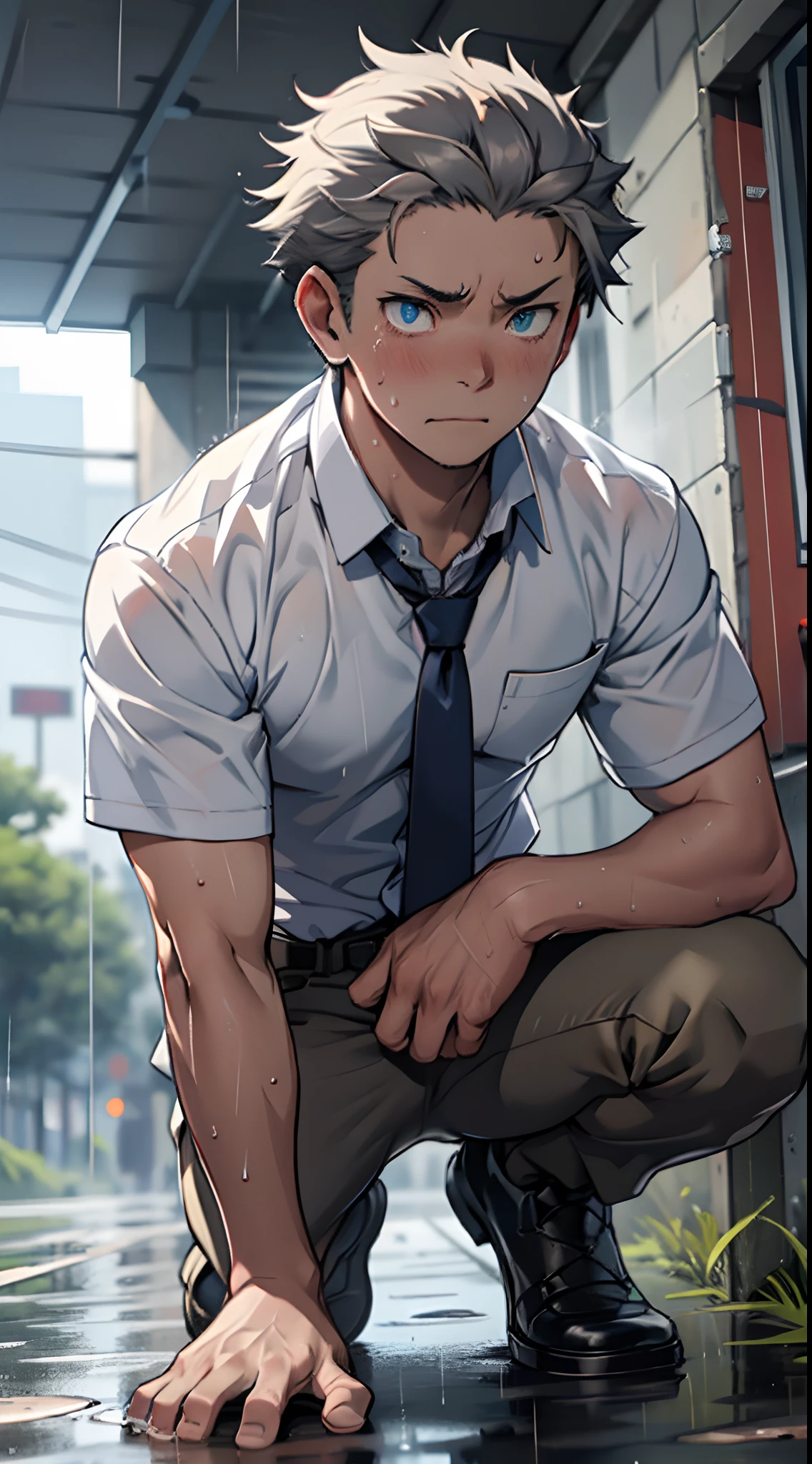 （1 Adult male），A high resolution， Sharp focus， Pixiv masterpiece， （（Complicated details））， highly  detailed， natsuki_subaru， 1 man，Defeat， crestfallen，full bodyesbian，kneels on the ground， Sweaty crotch，Drenched，rain，The shirt is soaked，（A gesture of pleading），blue color eyes（eyes glowing）， Short gray hair，white  shirt，Wear a tie，Wear a belt，perspire，look from down