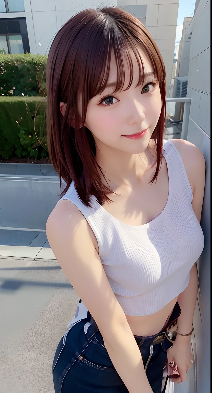 (Raw photography:1.2)、top-quality、Detailed beauty、Beautiful Korean Woman、The most beautiful women in the world、Beautiful sharp face、面長、21years old、A smile、Happy smile、light brown hair、fluffy and voluminous hair、extra detailed face、beatiful detailed eyes、eye line、Nasal nose、a small face、small tits、tiny chest、Natural sunlight、depth of fields、Blurry background、hight resolution、8k wallpaper、finely detail、Very detailed 8k wallpaper、电影灯光、sexy  pose、(photorealisim:1.4)、super detailing、​masterpiece、croptop、Small T-shirt、hotpants、shot from a side angle、Road by the sea、lean against the wall、