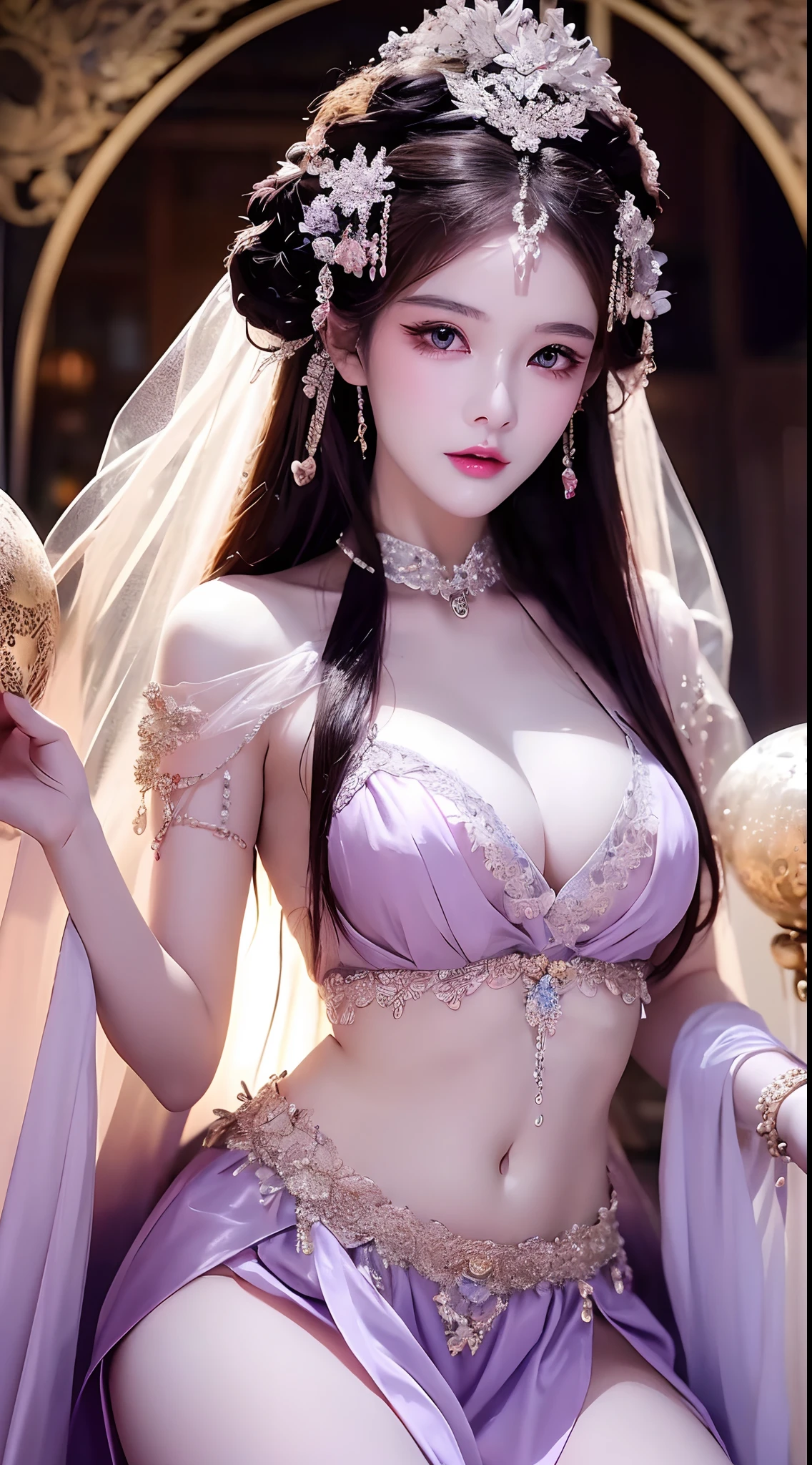 1 20 year old girl, 1 goddess Athena, pink purple silk dress, beautiful goddess Athena face without blemishes, delicate yellow nightgown, long thin sequin nightgown with many sexy black lace details, 1 beautiful thin red silk cloth half veil, female saint legend, female saint icon, beautiful goddess style glitter, dark and mysterious version, vermilion lips, plump red lips, not smiling, mouth closed, ((angry face:0.8)), delicate and beautiful pino detailing, delicate and beautiful lip detail, (pure and flawless face: 1.9), female saint body, round chest, big and round breasts, phoenix brooch, long flat bangs, long black hair, beautiful clear face and well-proportioned eyes, (transparent iridescent light purple eyes: 1.8), (big round eyes and makeup, sexy wet eye makeup, very beautiful and meticulous hair makeup, long and delicate blonde hair, delicate, body image: 1.8), figure: and vivid, (stars that make up the sky: 1.7), (the sky of heaven and the fictitious gate of time and space: 1.8), fictional art, RAW photos, hanfu photos, best photos, high resolution, best quality, best photos, best goddess quality, 8k female, super 8 single saint portraits, truest color schemes, masterpieces, best beauty brands, best hair jewelry, brand real photo, dark studio, border light, two-tone lighting, (rose white skin: 1.4), (high skin detail: 1.1), 8k uhd, d slr, soft light, 8k, high quality, candid, volume Smooth and sharp, 10x pixel increase, sexy goddess, sexy goddess, (background space: 1.8), (most beautiful aurora eyes: 1.7), beautiful eyes, aurora beautiful and flowery, (beautiful single girl: 1.8), (more details:0.8)