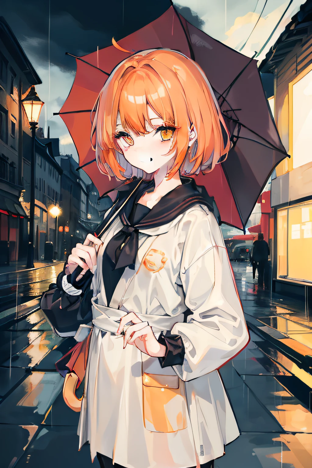 masterpiece, best quality, 1girl, solo, orange hair, short hair, shoulder-length hair, straight hair, orange eyes, round eyes, street fashion, ((raining)), in the night, ((cloudy)), dark, seeing a viewer, holding an umbrella, ((((handing over an umbrella)))), ((((put one's hand forward)))), in the staris, in the rain, ((detail face)), ((a cold smile))