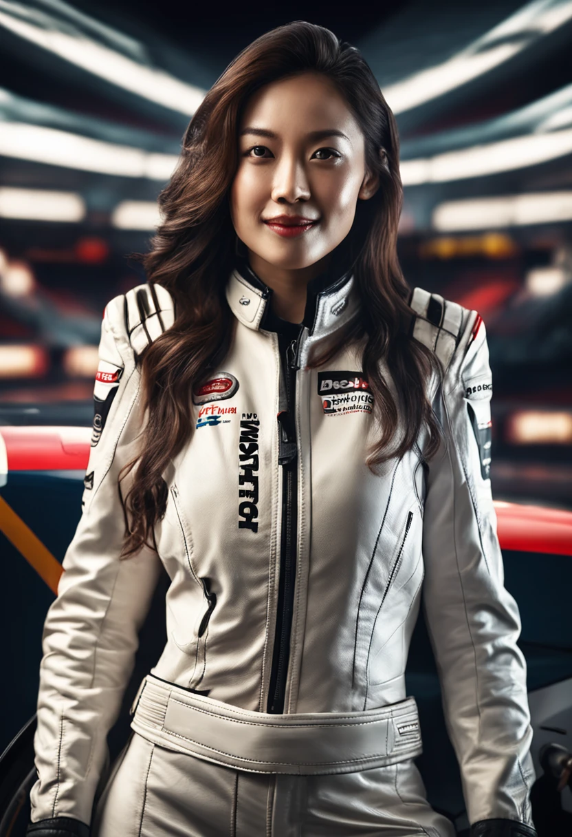The highest image quality、Exceptional detail、超A high resolution、(Realstic:1.4)、high-detail、Favor the details、Highly condensed 1girl、Longhaire、delicate and beautiful face、Dressed in a white leather racing suit、Racing on a black motorcycle、The background is a race track、circuit、racer、Cool smile