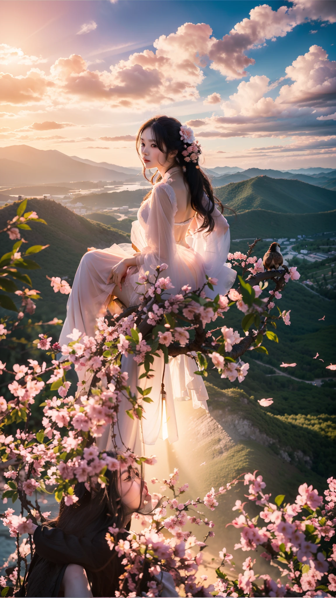 （tmasterpiece，Best picture quality：1.3），Real photos，Ancient Chinese beauty sitting on a branch，Delicate facial features，Her jet-black flowing hair was dotted with peach blossoms，Wearing a pink tulle dress, The wind blew very airy，The peach trees are full of peach blossoms，Surrounded by mountain peaks，flowing clouds，Backlight effect，panoramicshooting，Wide-angle perspective，Cinematic lighting effects，UHD resolution，8K masterpiece，