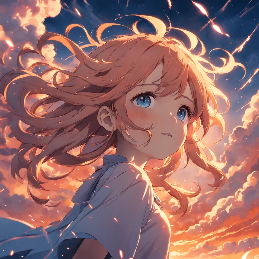 masterpiece, best quality, movie still, 1girl, cloud girl, floating in the sky, close-up, bright, happy, warm soft lighting, sunset, (sparks:0.7)