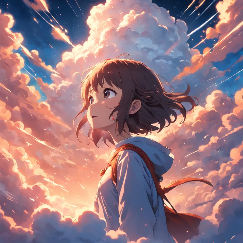 masterpiece, best quality, movie still, 1girl, cloud girl, floating in the sky, close-up, bright, happy, warm soft lighting, sunset, (sparks:0.7)