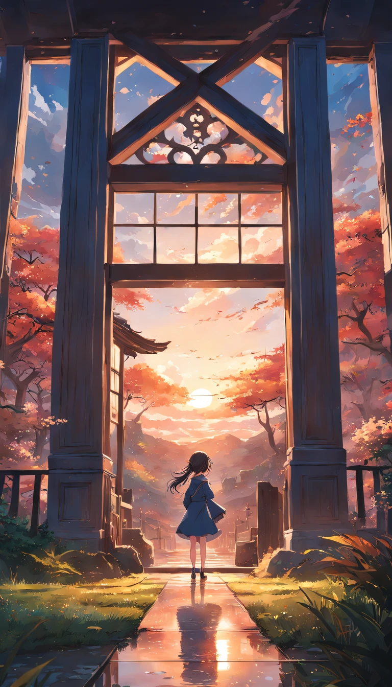 tmasterpiece，high qulity，Super detailed details，8K live-action landscape，There are no characters，the woods，outdoor environment，with blue sky and white clouds，A warm sunset shining on the building，Sets off the bright reflections of windows and doors，It shows the tranquility and beauty of the entire scene。