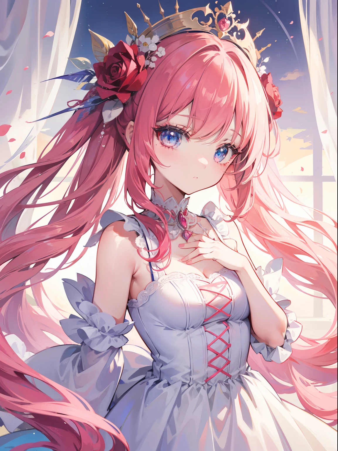 Picture of anime like girl character, with magnificent eyes, medium shot, cute and sweet face,wearing a long gown inspired by rose flower like  ,  extremely detailed face, with rose like head dress with her head