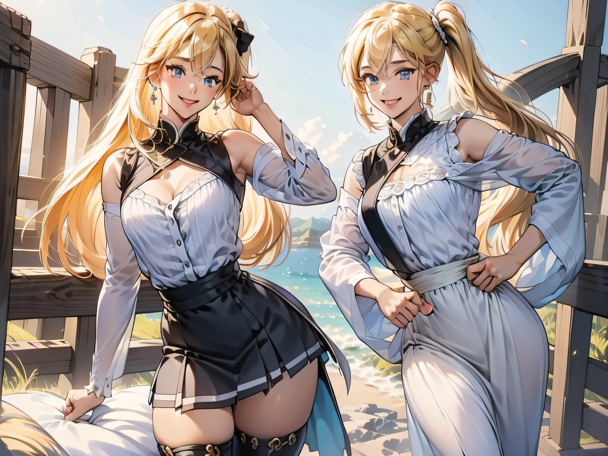 asterpiece, best quality, highres, lucy heartfilia, blonde hair, long hair, side ponytail, blue ribbon, large breasts, earrings, thigh boots, blue shirt, sleeveless shirt, white skirt, standing, outdoors, town, house, cowboy shot, looking at viewer,