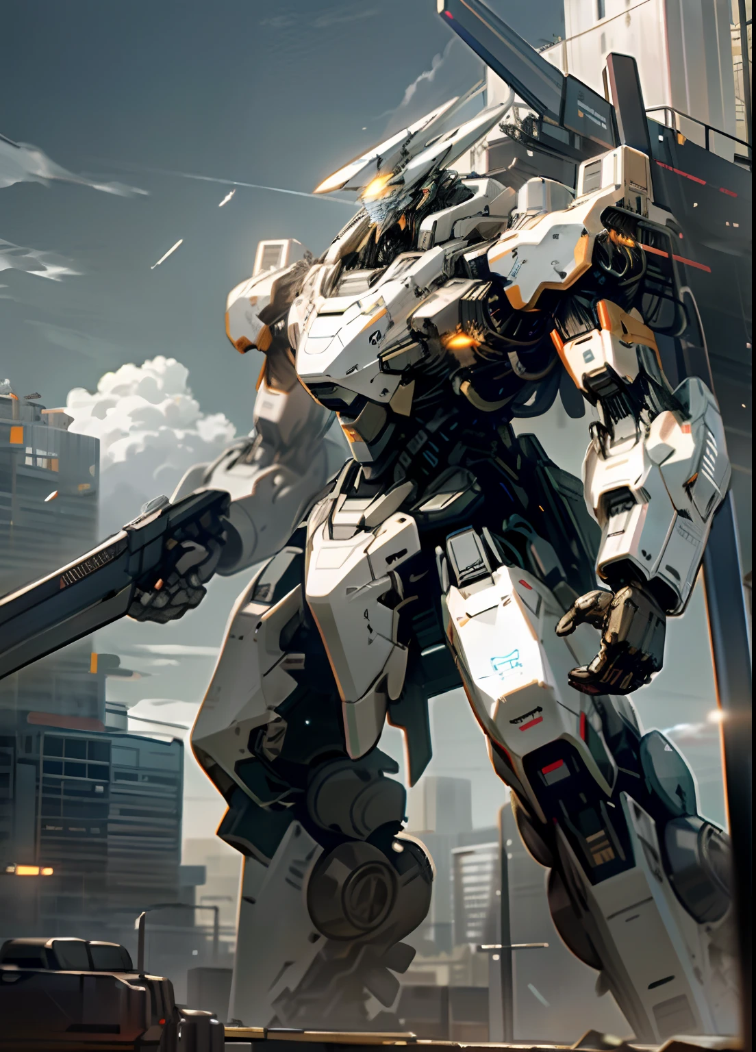 sky, cloud, holding_weapon, no_humans, glowing, , robot, building, glowing_eyes, mecha, science_fiction, city, realistic,mecha