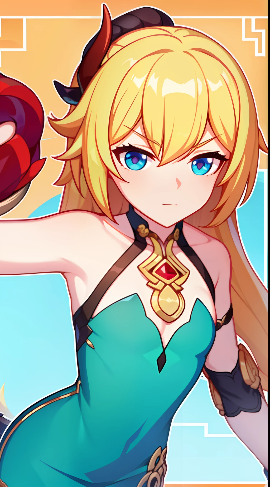 young girl, longue blonde hair, dragon horns, Cyan eyes, tight blue chinese dress, neckline on the chest, grudge, little chest, Masterpiece, hiquality