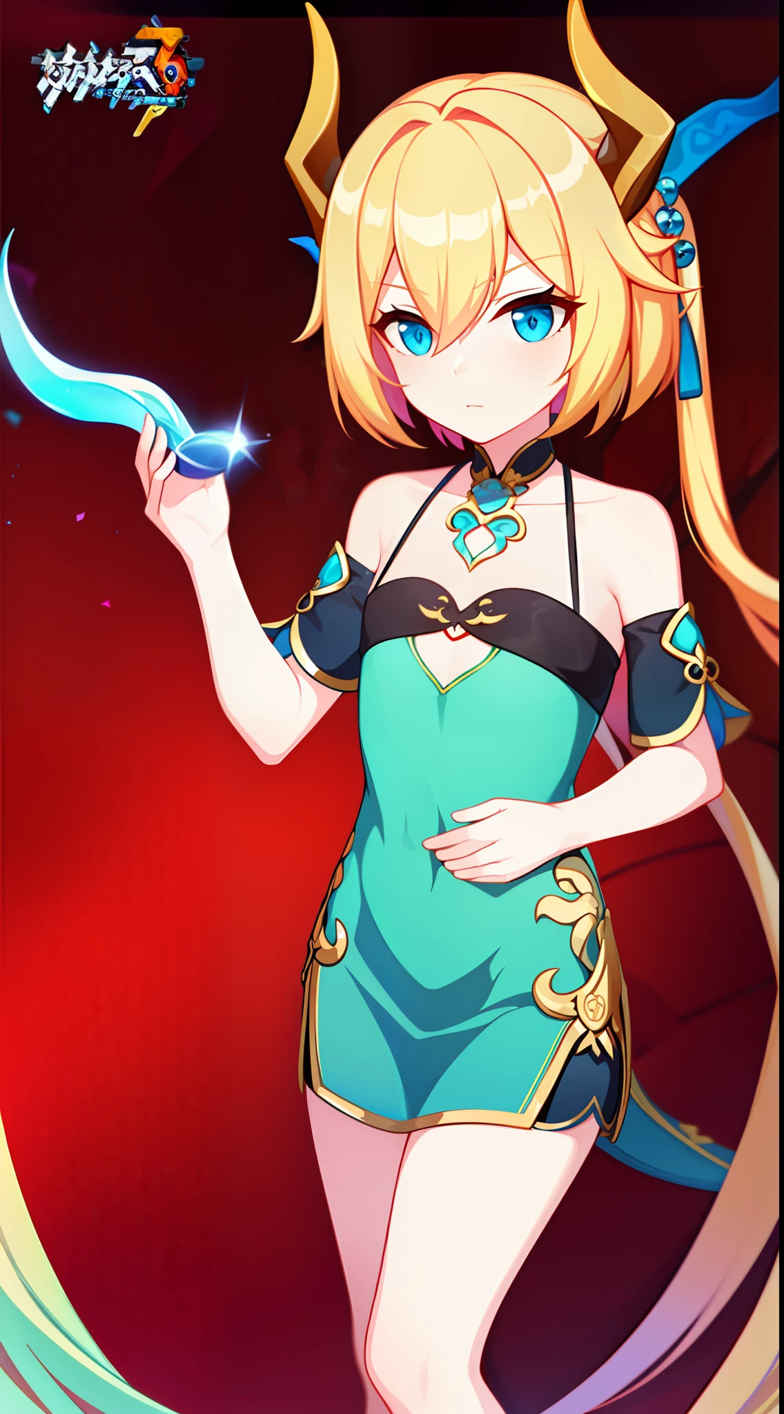 young girl, longue blonde hair, dragon horns, Cyan eyes, tight blue chinese dress, neckline on the chest, grudge, little chest, Masterpiece, hiquality