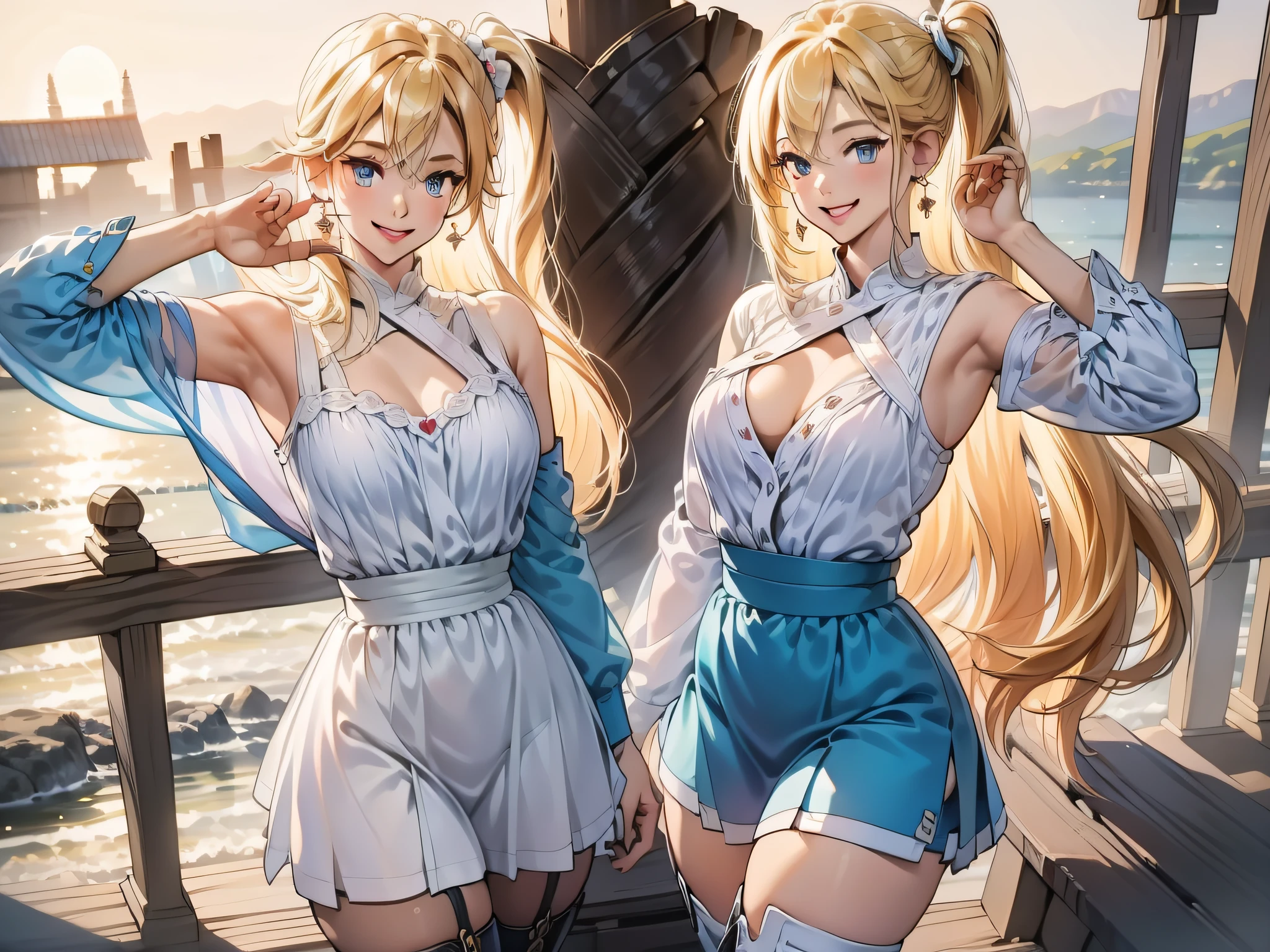 asterpiece, best quality, highres, lucy heartfilia, blonde hair, long hair, side ponytail, blue ribbon, large breasts, earrings, thigh boots, blue shirt, sleeveless shirt, white skirt, standing, outdoors, town, house, cowboy shot, looking at viewer,