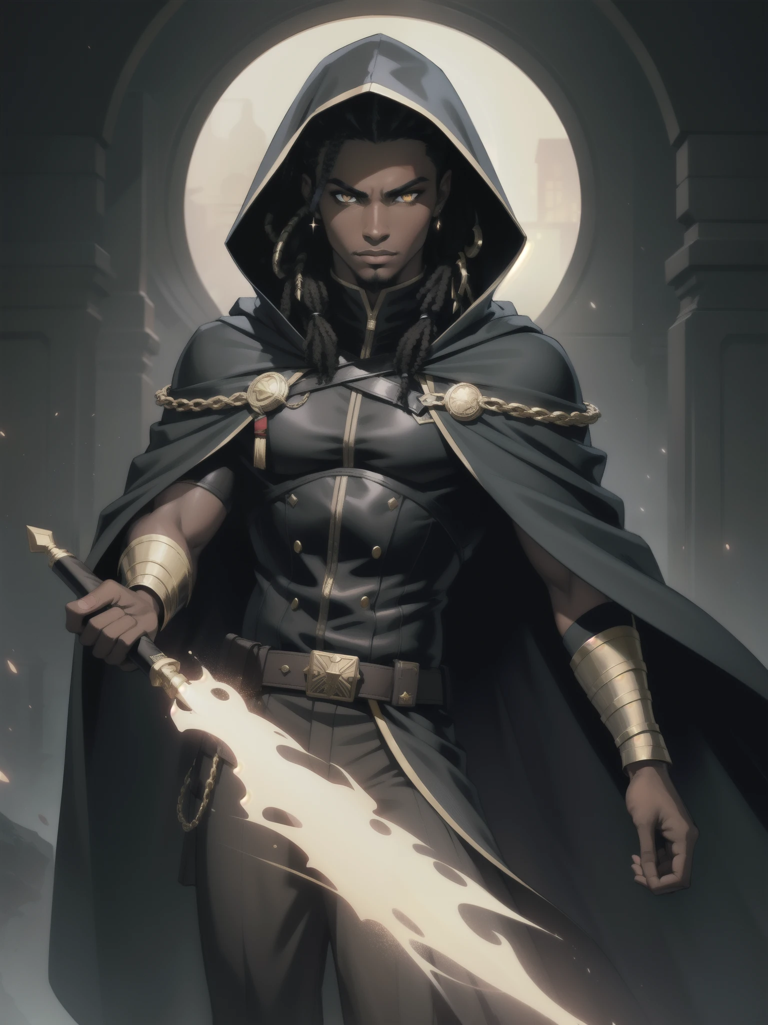 Portrait, Masterpiece, Excellent, 1boy, solo, complex details, color diffusion, demonic prince, dark skin, ebony, brown skin, dark-skinned male, dark hair, black hair, dreadlocks, golden eyes, epic attire, assassin mage attire, hooded, cloak, cloaked, badass, trending, demon, anti-hero, young, Sci-Fi, Fantasy
