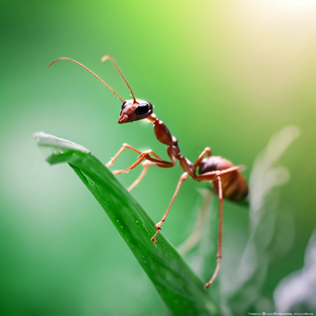 An ant stands on top of a green reed,Super macro photography