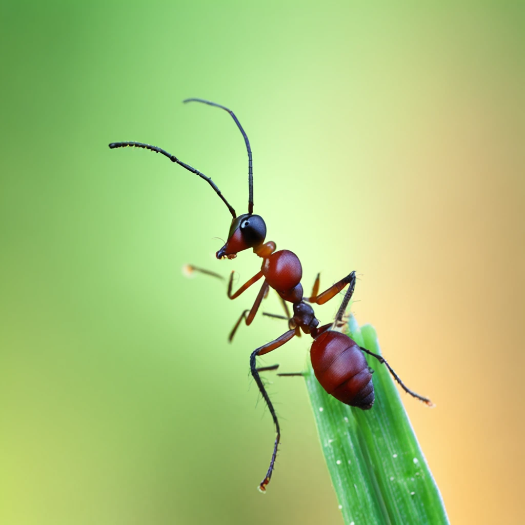 An ant stands on top of a green reed,Super macro photography