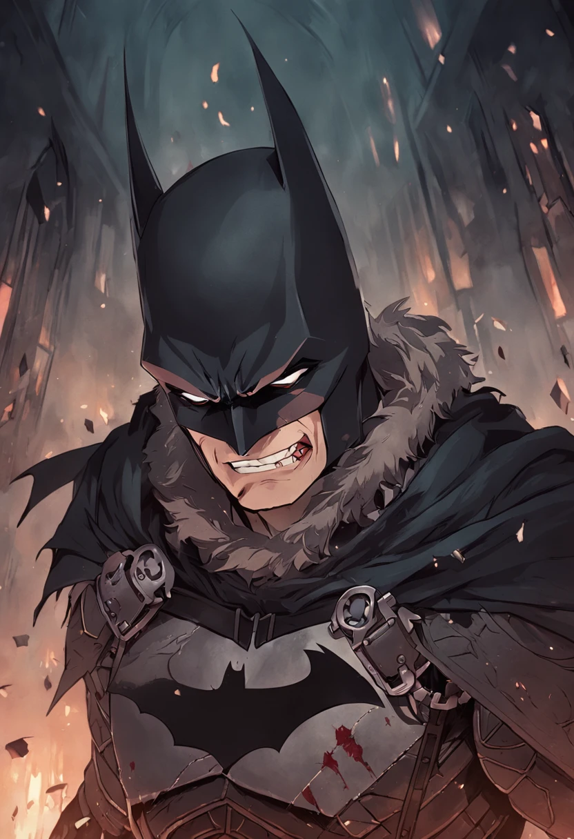 "Batman Viking com rosto do giurosa, Sorriso esquerdo, blood tears, sombrio, qualidade excepcional, multiple facial scars, Batman que ri, armadura viking das trevas, Gothic style."