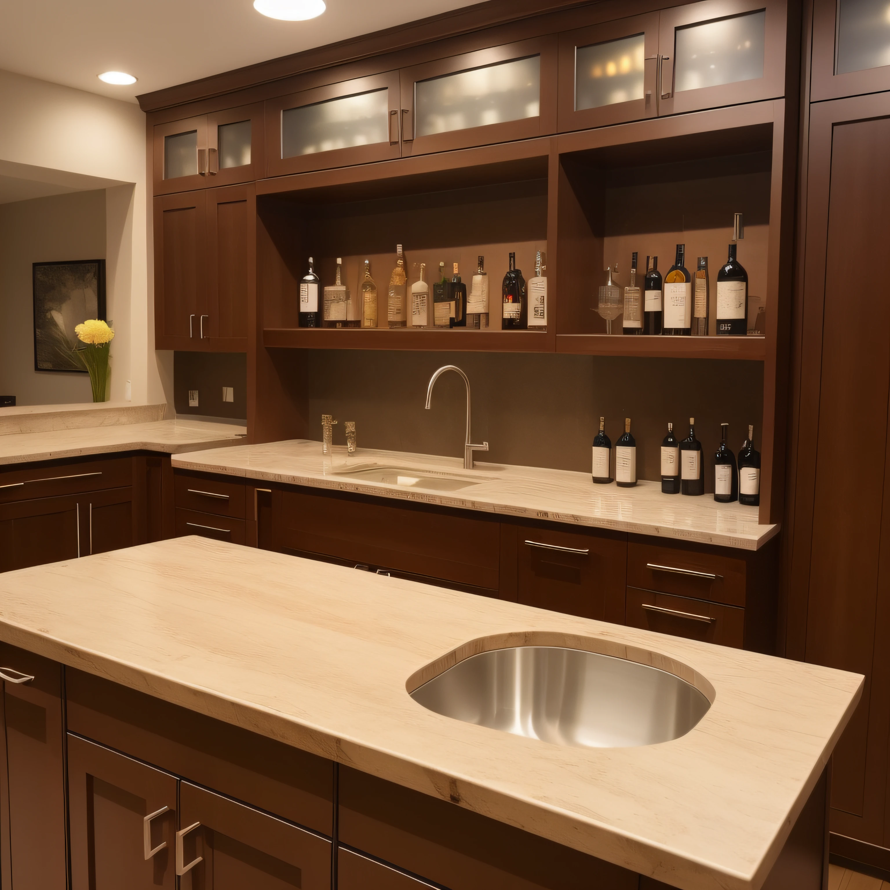 There is a kitchen with a sink and a counter with bottled wine。, Bar, kitchen counter, marble countertops, neotraditional modern minimalist, modern setting, lakes, award-winning crisp details”, award - winning crisp details ”, exquisitedetails, detailed surroundings, Jessica, amber, underground room, slick elegant design, very elegant & complex, hero shot, bar in background