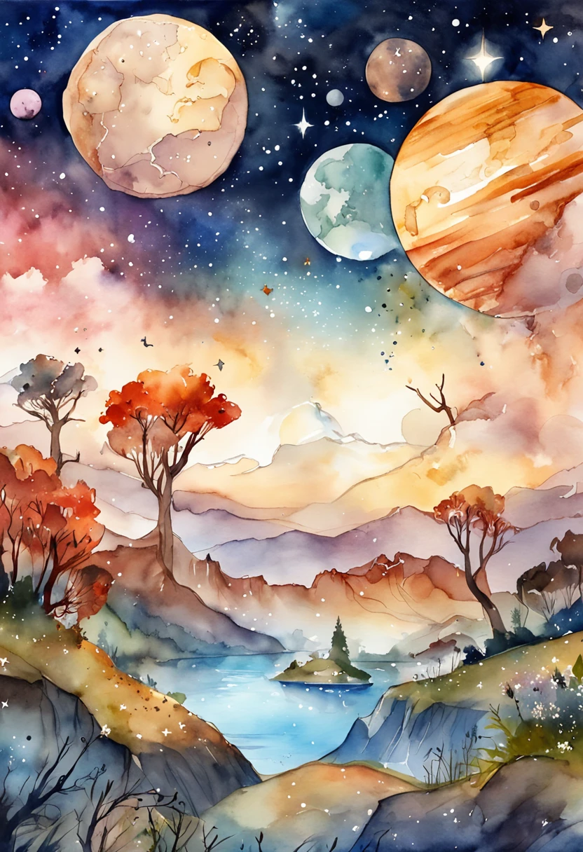 "Create a celestial wonder landscape adorned with vibrant zodiacs, constellations, and planets in an anime artstyle."