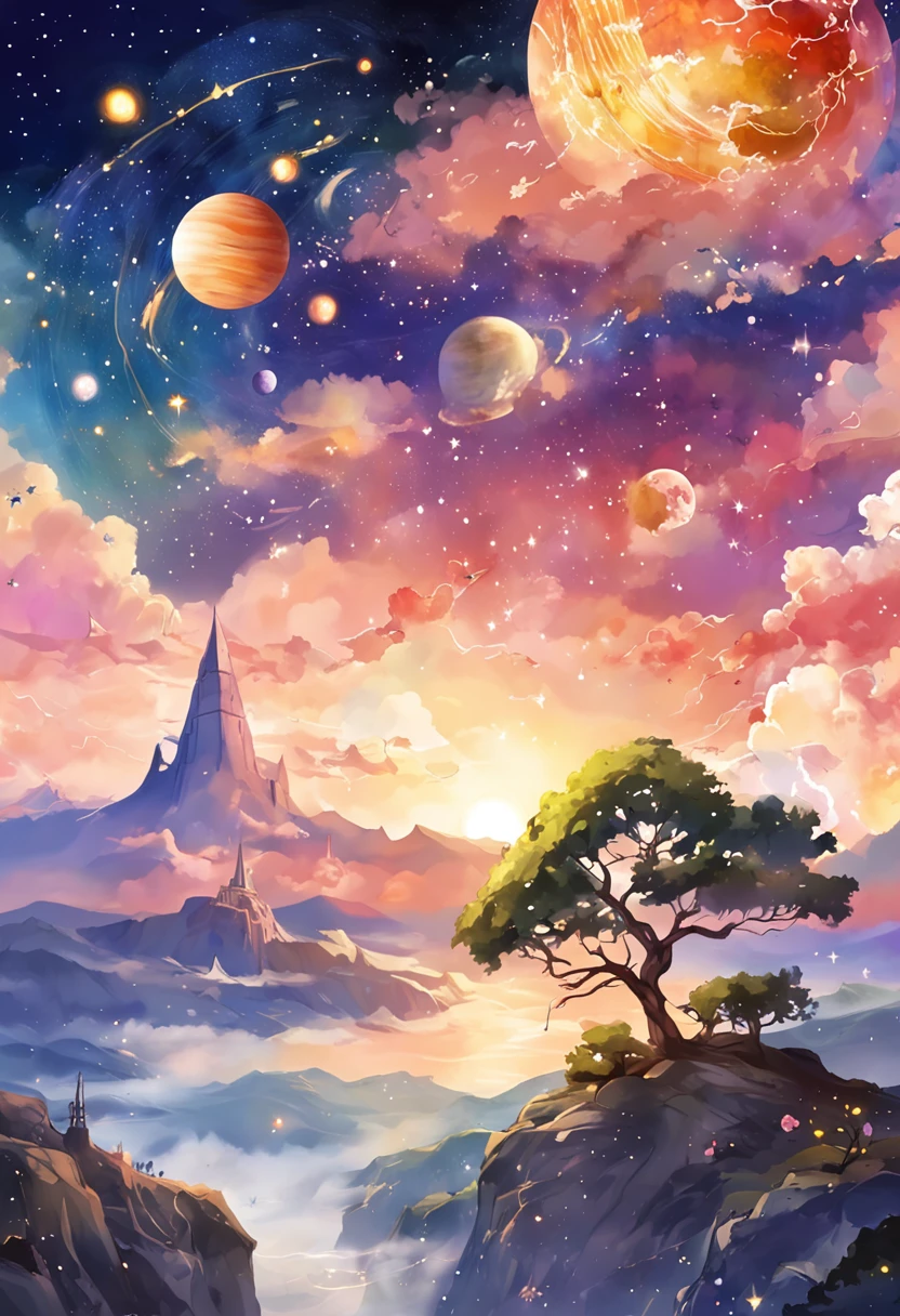 "Create a celestial wonder landscape adorned with vibrant zodiacs, constellations, and planets in an anime artstyle."