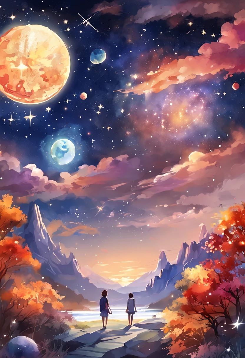 "Create a celestial wonder landscape adorned with vibrant zodiacs, constellations, and planets in an anime artstyle."