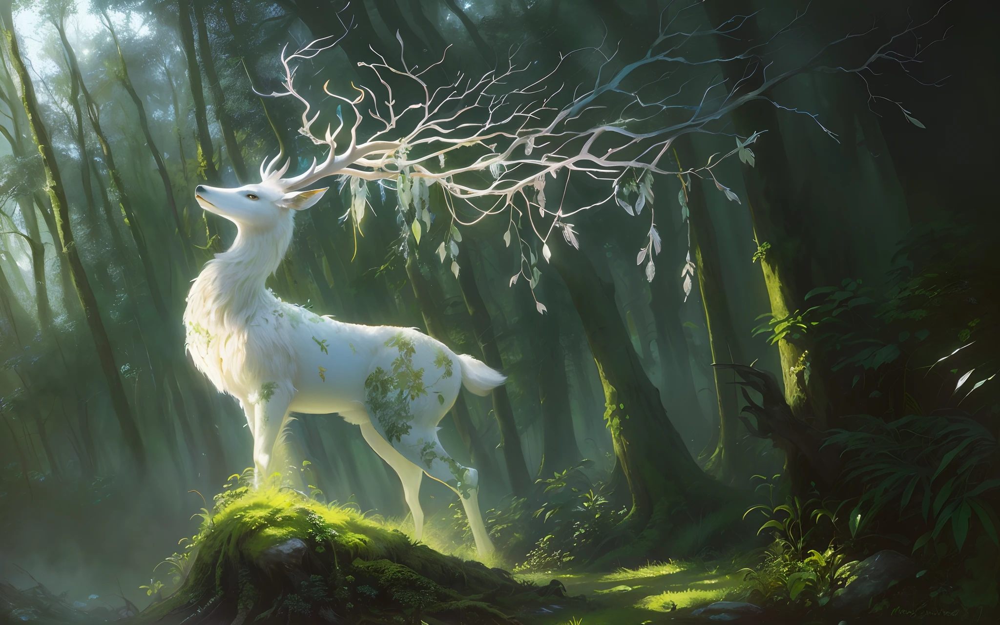 pintura de um cervo branco em uma floresta com um galho em sua boca, forest spirit, Deus da Floresta, Yuri Shwedoff e Tom Bagshaw, realistic fantasy illustration, mytical creature, spirit of the forest dwells, Ghibli Tom Bagshaw, anthropomorphic deer, an anthropomorphic deer, Magic the Gathering Card Art, pintura de fantasia realista