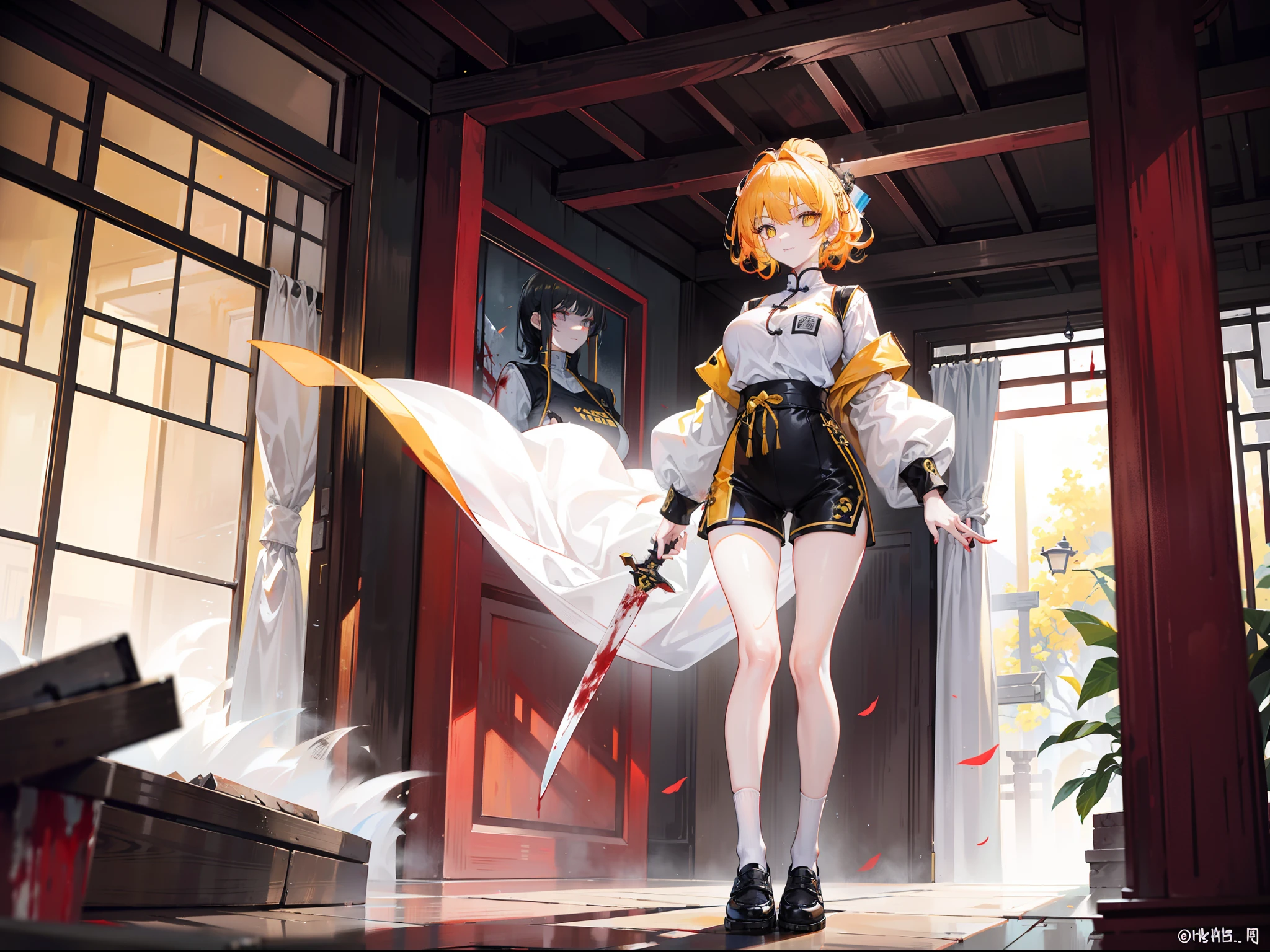 Beautiful girl with orange-yellow hair color，curlies，High ponytail，short detailed hair，Wears an antique white one-piece long-sleeved training suit，A knife hidden in his clothes，open waist，Long white socks，leather shoes，assassins，Sunny smile，Tall and tall，Standing in a city full of corpses，dark stormy clouds，China-style，huge tit，抖S，Full body photo，Extremely thin，extremely hyper，Long white socks，assassins，The legs are very thin，Best quality at best，High- sharpness，tmasterpiece，A sword stained with blood in his hand，His body was covered in blood，Sick，Heterochromic pupils，morbid，murderer，extremely hyper，His body was covered in blood，The chest is extremely large，Thin body，Wears an antique white one-piece long-sleeved training suit，open waist，White training clothes，assassins，Standing in a city covered in blood，white  clothes，blood vess