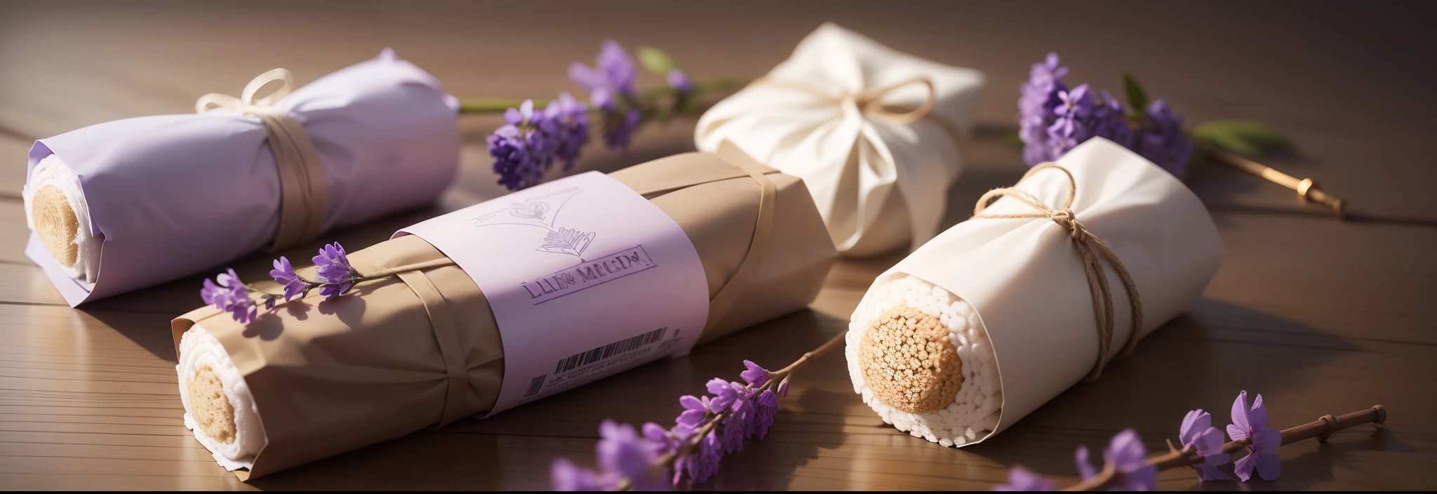 Crie um design para uma embalagem de sacos para lixo em rolo, na cor branca, e com lavanda. Use elementos e letras, ultra realista, plastic packaging, produto em rolo, saco para lixo. Design moderno, elegante.