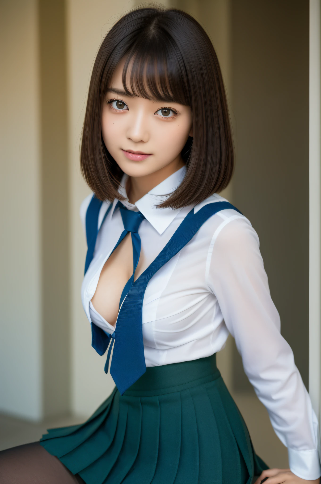 8K, Top Quality, Real Image, Complex Detail, Ultra Detail, Ultra High Definition, Depth Field,(Photorealistic,Real:1.2),Masterpiece, 0.25 :: Close Up , Straight On Shot , Middle Out ,
One girl, ai_chan, very beautiful -yeld gi innocent big eyes, (Brown_SHORT_hair), (GREEN_eyes: 1.0), (bangs), disheveled hair, (hair clip), perfect shiny skin, perfect skin, fair skin, medium breasts, slender, cleavage, thin waist, light blush, solo, looking at the viewer, light smile,
wear ((school_uniform), (white_skirt), (BLUE_Long_Tie), (BLUE_pleated_skirt), (Black_pantyhose): 1.2),
(Gravure Pose: 1.1),
sunset
Japan High School ,Full Body