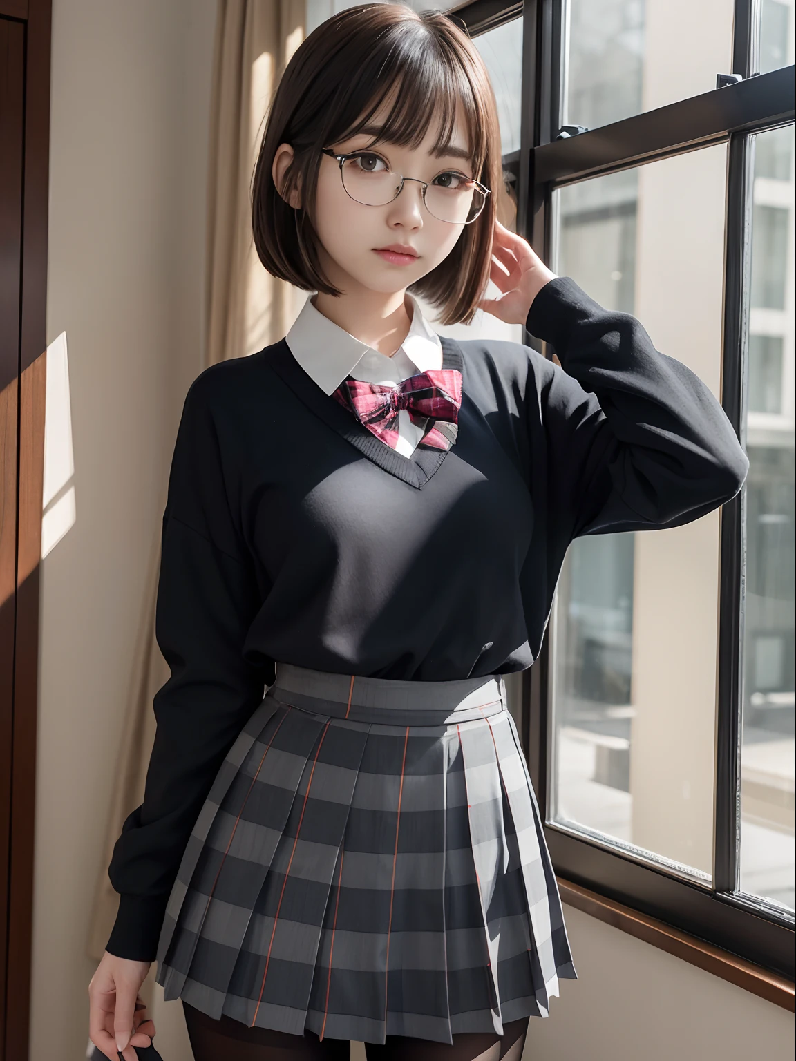 (Long bob cut),(Underwear is visible),(8K、Raw photography、top-quality、masterpiece:1.2),pigeon chest,glamor,Chromo-white skin,cocky,School,watching at viewers,Looking at the front,Muchimuchi,High-pitched clothing,Erotic,Pupils,de pele branca,kne,((Black pantyhose)),absurderes,a small face,,Forehead visible,Bangs hanging from the left and right sides of the forehead,(a cold expression,Tight eyes,glares,Bullish,irate)、masterpiece,top-quality、超A high resolution,Raw photo,ren,Beautiful fece,One Person, 独奏,eye glass,,Dark look,Small breasts,fullllbody,Round glasses,JK school uniform,hi-school girl,A Japanese Lady,is standing,(Photorealsitic:1.37)、Photon mapping,Realistic、Beautie,Cute little face,Brown-eyed、Black socks、(Red bow tie)、Radio City、Physically Based Rendering、depth of fields、Blurry background、a picture,Body,beauty legs, Long legs, Thin leg,(Bangs are visible), hair, s lips, Blue_The eye, nosesoft,(Light blue shirt), (Navy and blue and white plaid pleated skirt), Knees are visible,Sheer clothing,, Thigh, Black cotton socks,Nogizaka Idol, 女優, Japanese ido