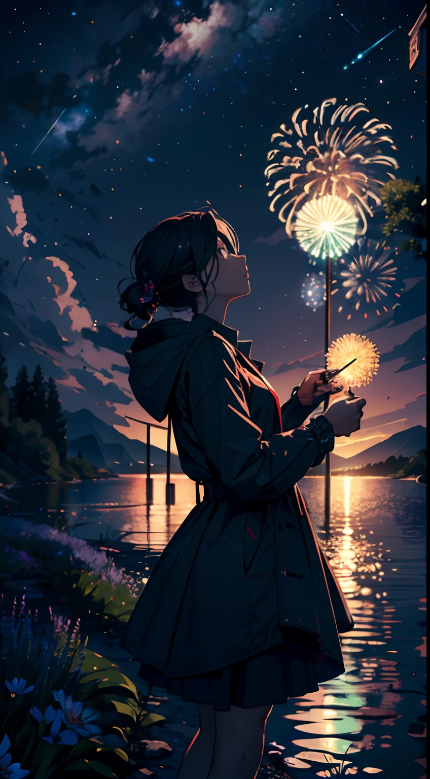 Vast landscape photos，（View from below with a view of the sky and the wilderness below），Cute girl standing in a flower field and looking up，Exquisite character details，（moon full：1.2），（meteors：0.9），（Starcloud：0.5），Far Mountain，Tree Break Production Art，（Warm light source：1.2），（glowworm：1.2），Brilliant fireworks，lamp lights，Purple and orange，intricate-detail，Volumetric Lighting BREAK（tmasterpiece：1.2）， （top-quality），4K，Ultra-delicate，（Dynamic configuration：1.4），Highly detailed and colorful details（Irridescent color：1.2），（Sparkling lighting，Atmospheric lighting），dream magical，Magical，Perfect color matching，（独奏：1.2）
