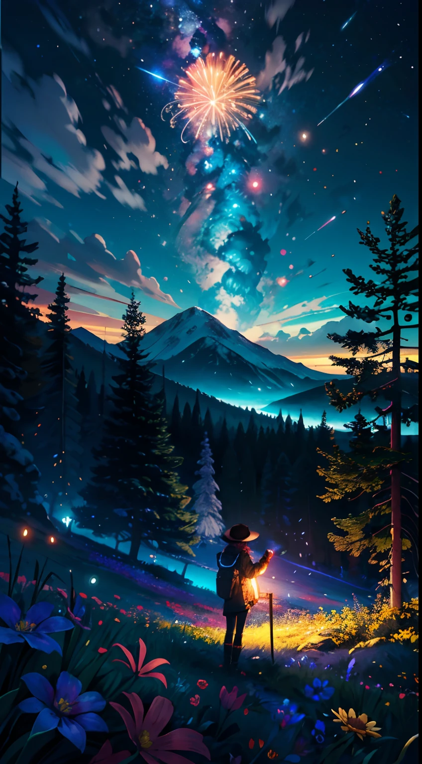 Vast landscape photos,(View from below with a view of the sky and the wilderness below),Cute girl standing in a flower field and looking up,Exquisite character details,(moon full:1.2),(meteors:0.9),(Starcloud:0.5),Far Mountain,Tree Break Production Art,(Warm light source:1.2),(glowworm:1.2),Brilliant fireworks,lamp lights,Purple and orange,intricate-detail,Volumetric Lighting BREAK(tmasterpiece:1.2), (top-quality),4K,Ultra-delicate,(Dynamic configuration:1.4),Highly detailed and colorful details(Irridescent color:1.2),(Sparkling lighting,Atmospheric lighting),dream magical,Magical,Perfect color matching,(独奏:1.2)