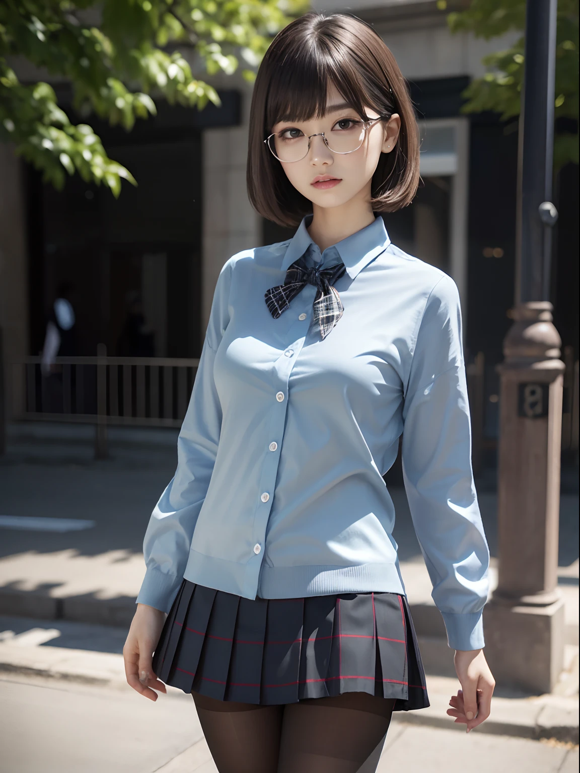 (Long bob cut),(Underwear is visible),(8K、Raw photography、top-quality、masterpiece:1.2),pigeon chest,glamor,Chromo-white skin,cocky,School,watching at viewers,Looking at the front,Muchimuchi,High-pitched clothing,Erotic,Pupils,de pele branca,kne,((Black pantyhose)),absurderes,a small face,,Forehead visible,Bangs hanging from the left and right sides of the forehead,(a cold expression,Tight eyes,glares,Bullish,irate)、masterpiece,top-quality、超A high resolution,Raw photo,ren,Beautiful fece,One Person, 独奏,eye glass,,Dark look,Small breasts,fullllbody,Round glasses,JK school uniform,hi-school girl,A Japanese Lady,is standing,(Photorealsitic:1.37)、Photon mapping,Realistic、Beautie,Cute little face,Brown-eyed、Black socks、(Red bow tie)、Radio City、Physically Based Rendering、depth of fields、Blurry background、a picture,Body,beauty legs, Long legs, Thin leg,(Bangs are visible), hair, s lips, Blue_The eye, nosesoft,(Light blue shirt), (Navy and blue and white plaid pleated skirt), Knees are visible,Sheer clothing,, Thigh, Black cotton socks,Nogizaka Idol, 女優, Japanese ido