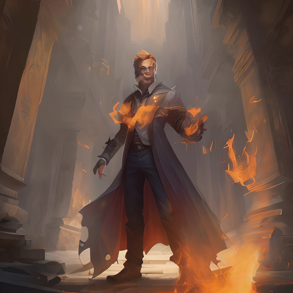 Image of a man in a long coat, holding the fire, full portrait of elementalist, The Steel Inquisitor of Mistborn, warlock, Throwing fireball, holy fire spell art, Концепт-арт Magic The Gathering, The Mysterious Wizard, Casting a spell, Casting a fire spell, painted in the style arcane, Flame Spell