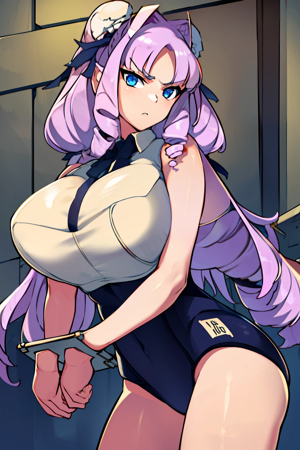 masterpiece, detailed, best quality, beautiful girl, school swimsuit, shackles, stocks, troubled face, dark dungeon, (prison), Fujido Oriko, blue eyes, cowboy shot, drill hair, fang, large breasts, long hair, purple hair, white hair