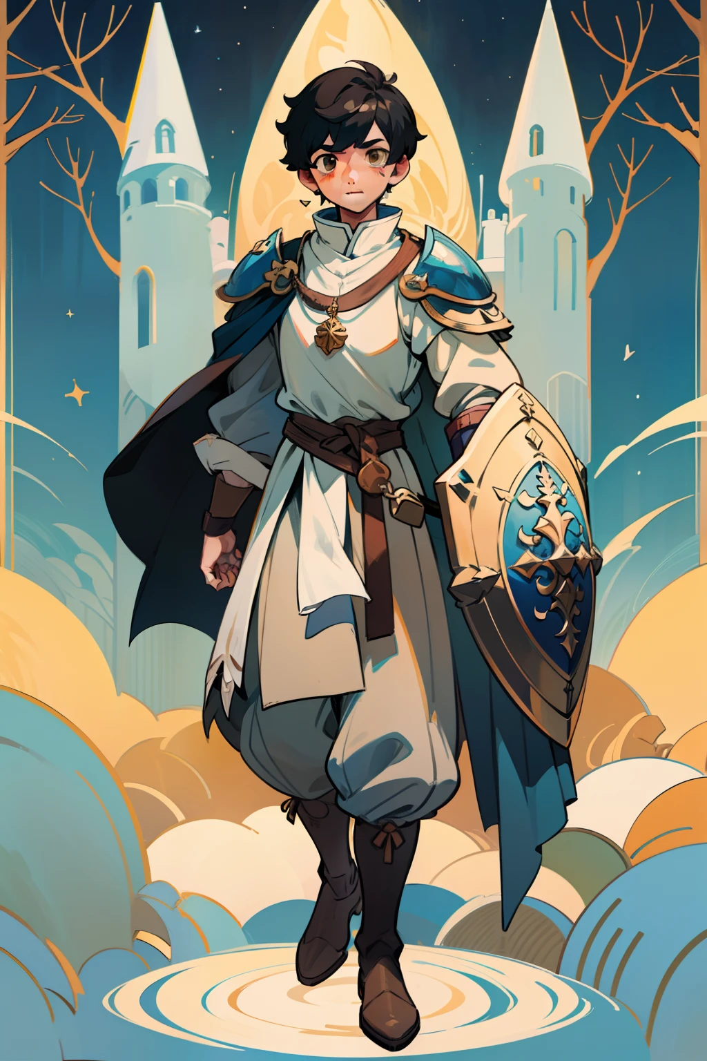 ((Obra maestra - Ilustraciones - Detallado - Mejor calidad)) - Anime style - Genshin impact style - 1 male - full body - male - black hair - brown eyes - cleric - medieval mace - hand - large shield - arm - white tunic - blue clothing - plate armor - boots - golden ornaments - forest - standing - stone path - fence - stone - broken