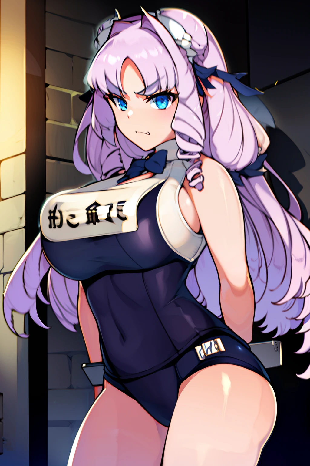 masterpiece, detailed, best quality, beautiful girl, school swimsuit, shackles, stocks, troubled face, dark dungeon, (prison), Fujido Oriko, blue eyes, cowboy shot, drill hair, fang, large breasts, long hair, purple hair, white hair