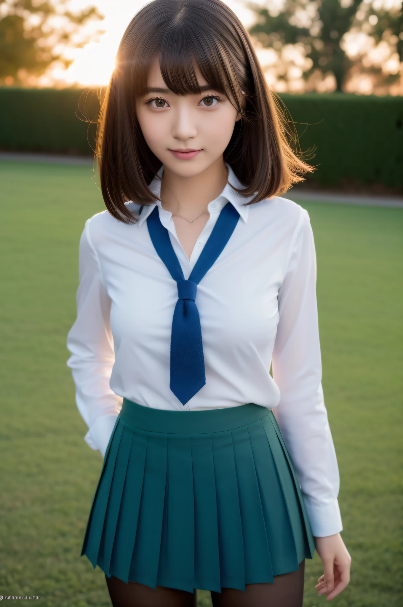 8K, Top Quality, Real Image, Complex Detail, Ultra Detail, Ultra High Definition, Depth Field,(Photorealistic,Real:1.2),Masterpiece, 0.25 :: Close Up , Straight On Shot , Middle Out ,
One girl, ai_chan, very beautiful 17-year-old girl, innocent big eyes, (Brown_SHORT_hair), (GREEN_eyes: 1.0), (bangs), disheveled hair, (hair clip), perfect shiny skin, perfect skin, fair skin, medium breasts, slender, cleavage, thin waist, light blush, solo, looking at the viewer, light smile,
wear ((school_uniform), (white_skirt), (BLUE_Long_Tie), (BLUE_pleated_skirt), (Black_pantyhose): 1.2),
(Gravure Pose: 1.1),
sunset
Japan High School ,Full Body