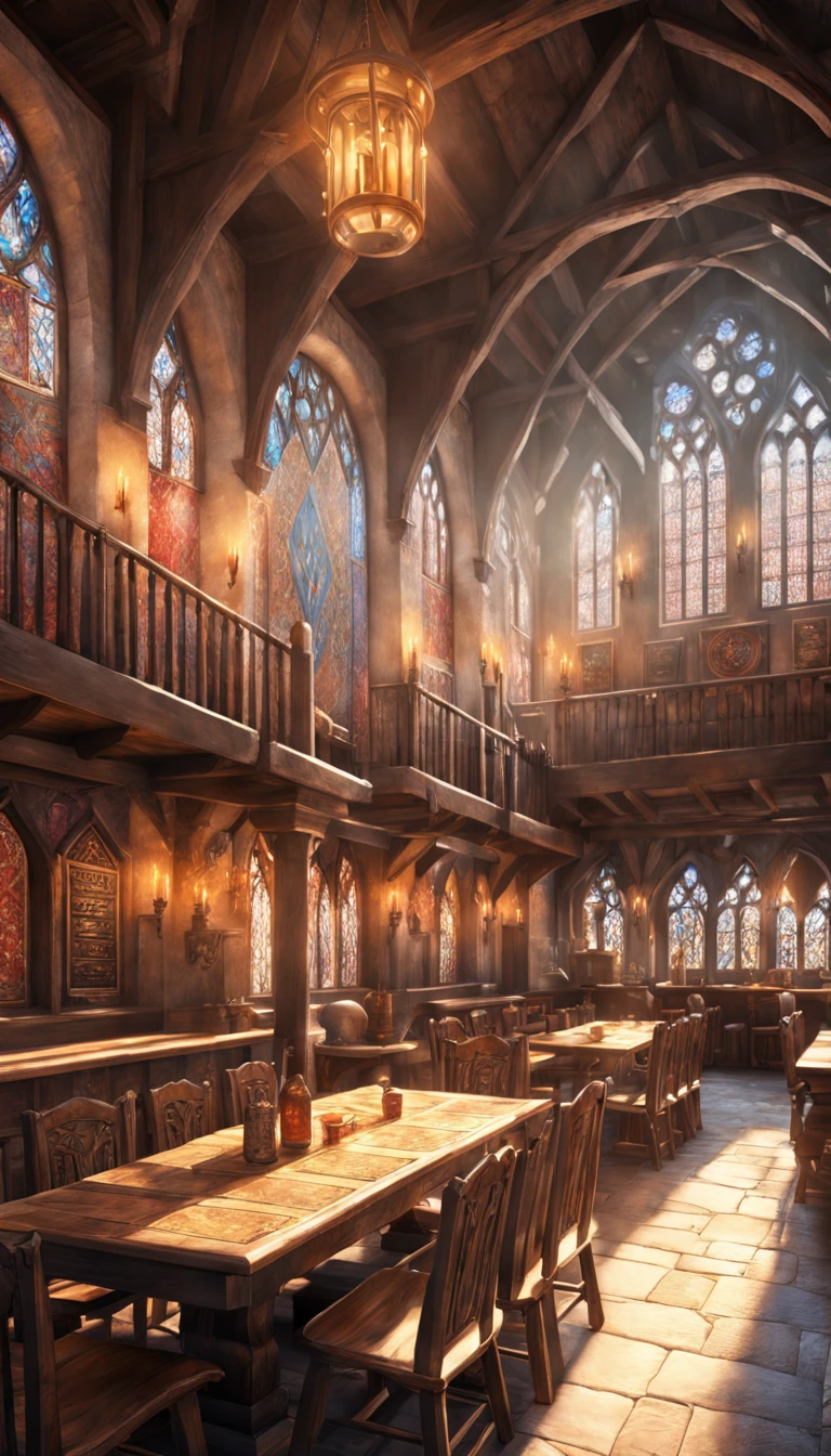 style-hamunaptra_sd2 zrpgstyle, medieval fantasy tavern interior, colorful tapestries on the walls Game of Thrones Hogwarts bright morning sunlight shining in from windows Clutter-Home,  high quality (detailed) (intricate) (8k) (HDR) (wallpaper) (cinematic lighting) (sharp focus)