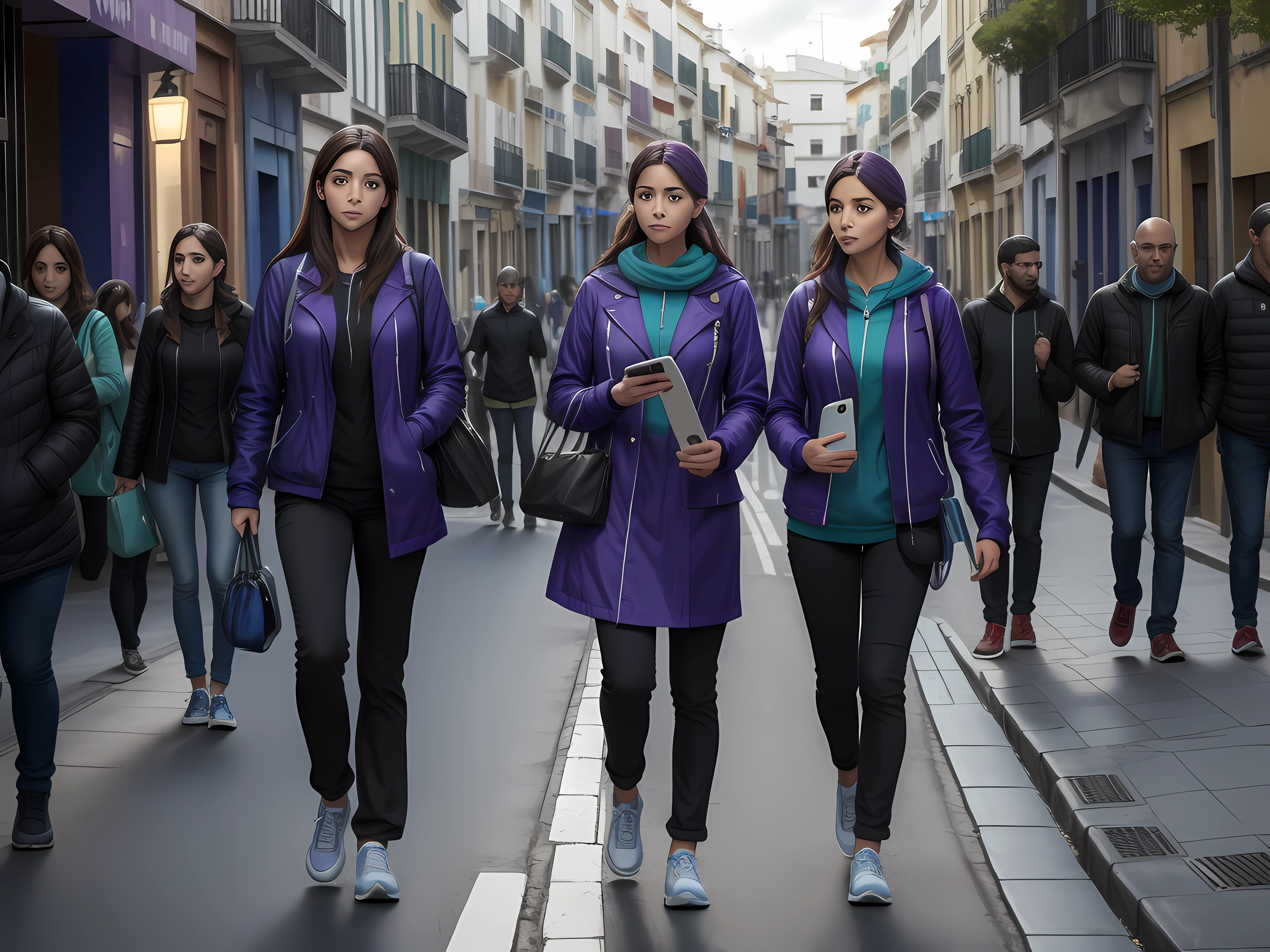 Personas caminando en la calle e interactuando con celulares, smartphone y dispositivos inteligentes. Hiperrealista, 8 K, en tonos azules, anaranjados, verdes, violetas.
