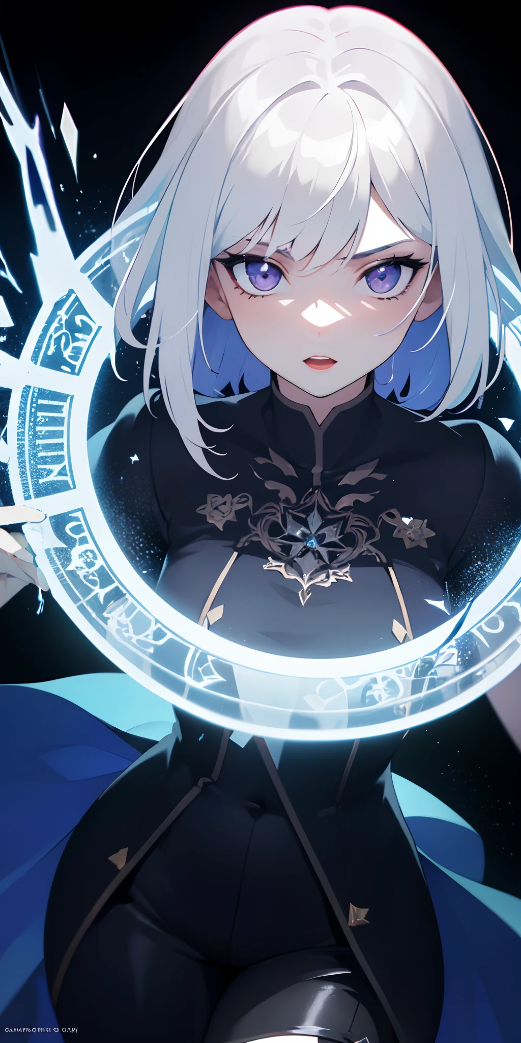 masterpiece, best quality, (extremely detailed CG unity 8k wallpaper, masterpiece, best quality, ultra-detailed, best shadow), (detailed background), (beautiful detailed face, beautiful detailed eyes), High contrast, (best illumination, an extremely delicate and beautiful),1girl,((colourful paint splashes on transparent background, dulux,)), ((caustic)), dynamic angle,beautiful detailed glow,full body, cowboy shot, colorful, 1girl, white hair, purple eyes, dual wielding, sword, holding sword, blue flames, glow, glowing weapon, light particles, wallpaper, chromatic aberration, (detailed background,dark fantasy), (beautiful detailed face), high contrast, (best illumination, an extremely delicate and beautiful), ((cinematic light)), colorful, hyper detail, dramatic light, intricate details, depth of field,black light particles,(broken glass),magic circle,