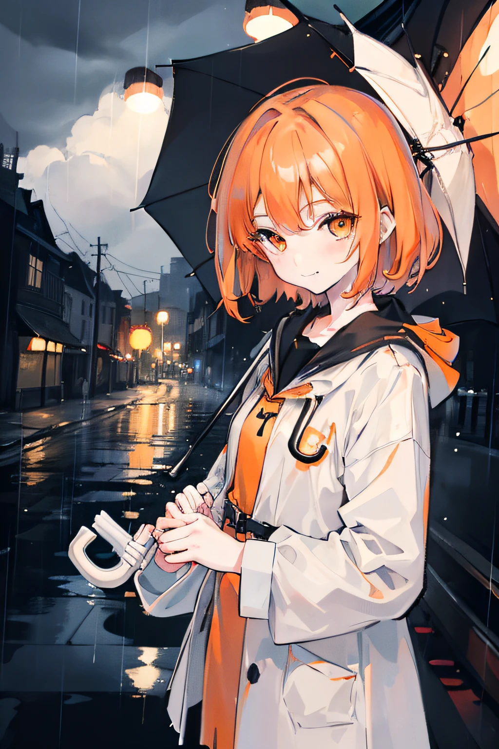 masterpiece, best quality, 1girl, solo, orange hair, short hair, shoulder-length hair, straight hair, orange eyes, round eyes, street fashion, ((raining)), in the night, ((cloudy)), dark, seeing a viewer, holding an umbrella, ((((handing over an umbrella)))), ((((put one's hand forward)))), in the staris, in the rain, ((detail face)), ((a cold smile))