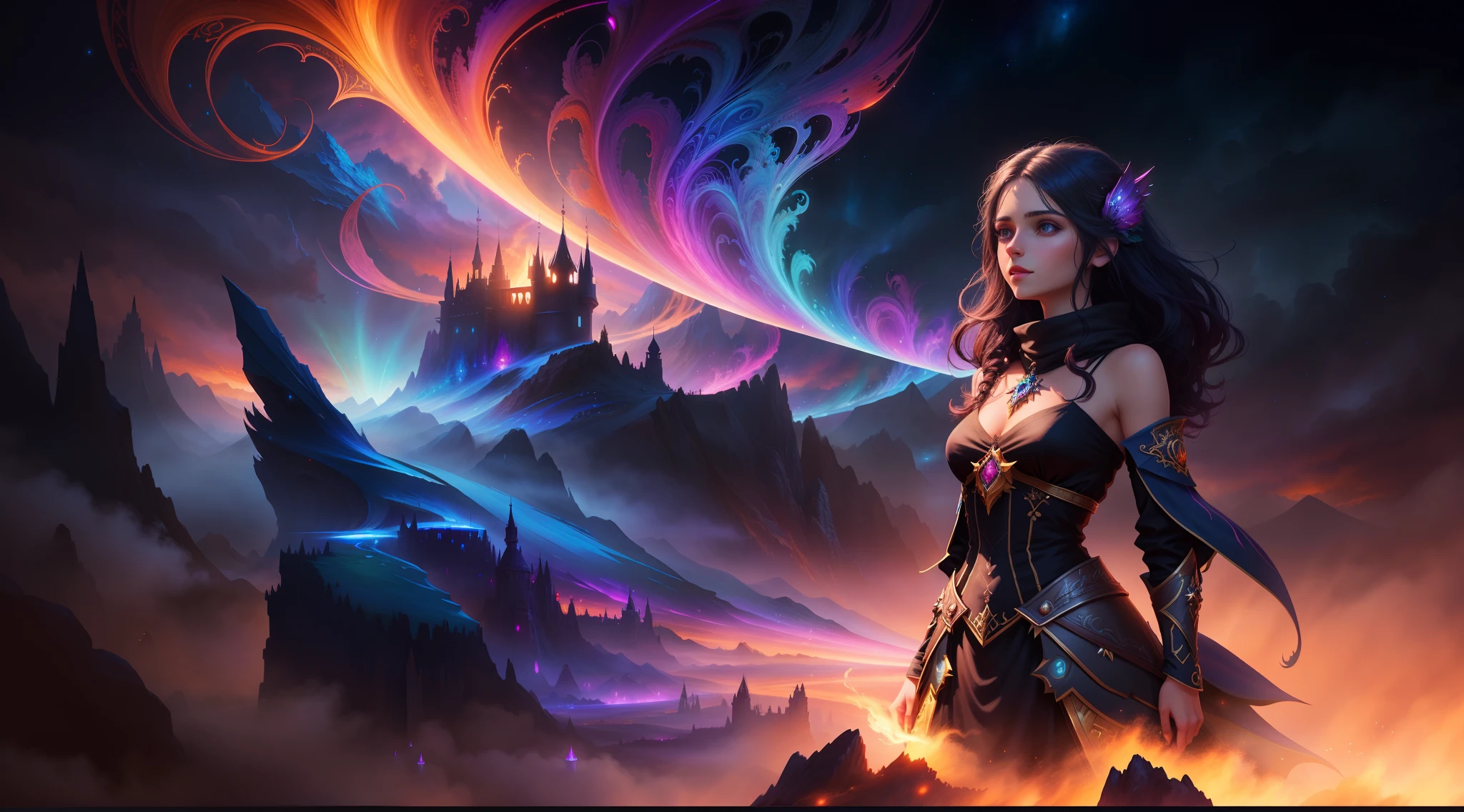 a woman in a black dress standing in front of a colorful sky, epic fantasy art style hd, fantasy art style, epic fantasy digital art style, 4k fantasy art, detailed fantasy digital art, colorfull digital fantasy art, beautiful fantasy art, high quality fantasy art, anime fantasy artwork, 4k highly detailed digital art, fantasy style art, fantasy digital art