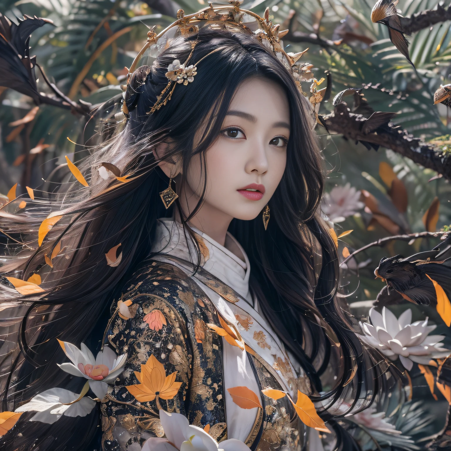 32K(tmasterpiece,k hd,hyper HD,32K)Long flowing black hair,ponds,zydink, a color, Asian people (Silly girl), (Silk scarf), Combat posture, looking at the ground, long whitr hair, Floating hair, Carp pattern headdress, Chinese bright purple long-sleeved outfit, (abstract ink splash:1.2),Yellow ginkgo biloba background,Pink and white lotus flowers fly(realisticlying:1.4),Black color hair,Fallen leaves flutter,The background is pure, A high resolution, the detail, RAW photogr, Sharp Re, Nikon D850 Film Stock Photo by Jefferies Lee 4 Kodak Portra 400 Camera F1.6 shots, Rich colors, ultra-realistic vivid textures, Dramatic lighting, Unreal Engine Art Station Trend, cinestir 800,Long flowing black hair
