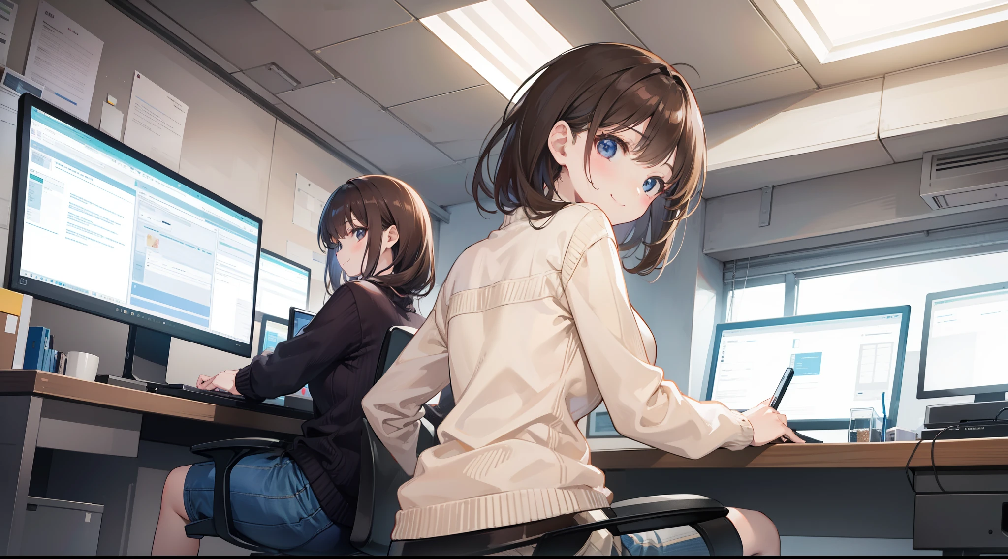 1girl in,s Office、Large room、Woman using computer in seat、1 monitor、from the rear, Looks Back、From below, Smiling brown hair、summer sweater、rcasual