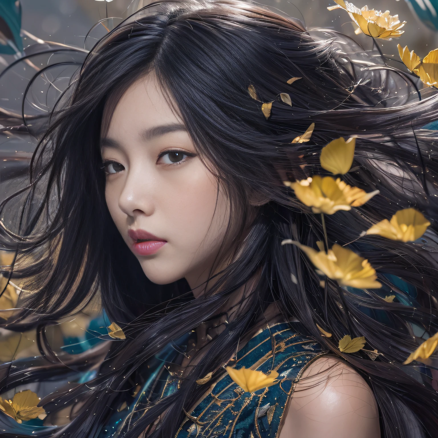 32K(tmasterpiece,k hd,hyper HD,32K)Long flowing black hair,ponds,zydink, a color, Asian people (Silly girl), (Silk scarf), Combat posture, looking at the ground, long whitr hair, Floating hair, Carp pattern headdress, Chinese bright purple long-sleeved outfit, (abstract ink splash:1.2),Yellow ginkgo biloba background,Pink and white lotus flowers fly(realisticlying:1.4),Black color hair,Fallen leaves flutter,The background is pure, A high resolution, the detail, RAW photogr, Sharp Re, Nikon D850 Film Stock Photo by Jefferies Lee 4 Kodak Portra 400 Camera F1.6 shots, Rich colors, ultra-realistic vivid textures, Dramatic lighting, Unreal Engine Art Station Trend, cinestir 800,Long flowing black hair